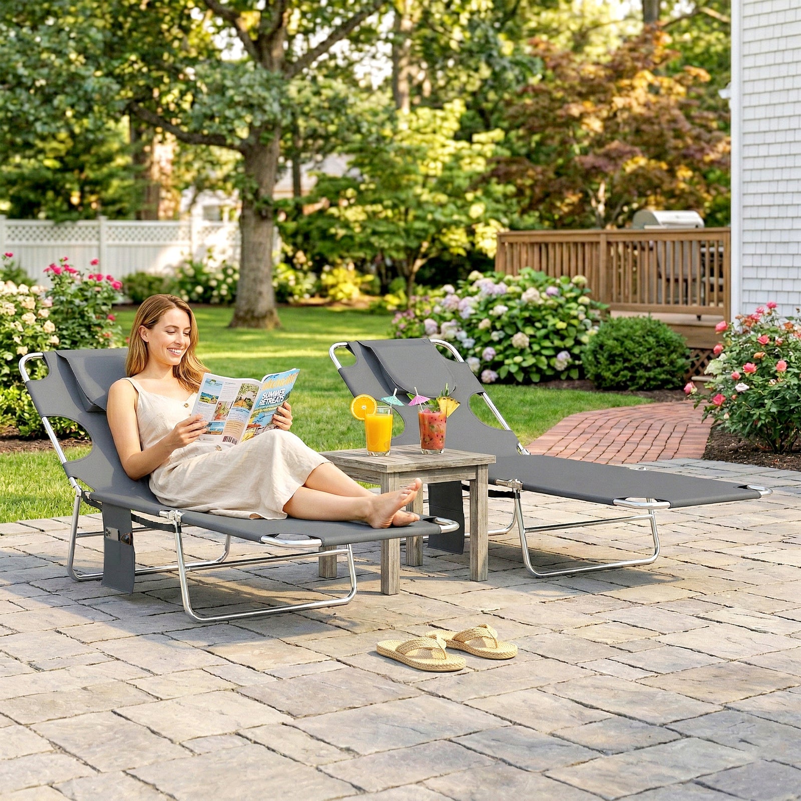 5-Position Adjustable Sun Loungers Set of 2 with Reading Hole and Side