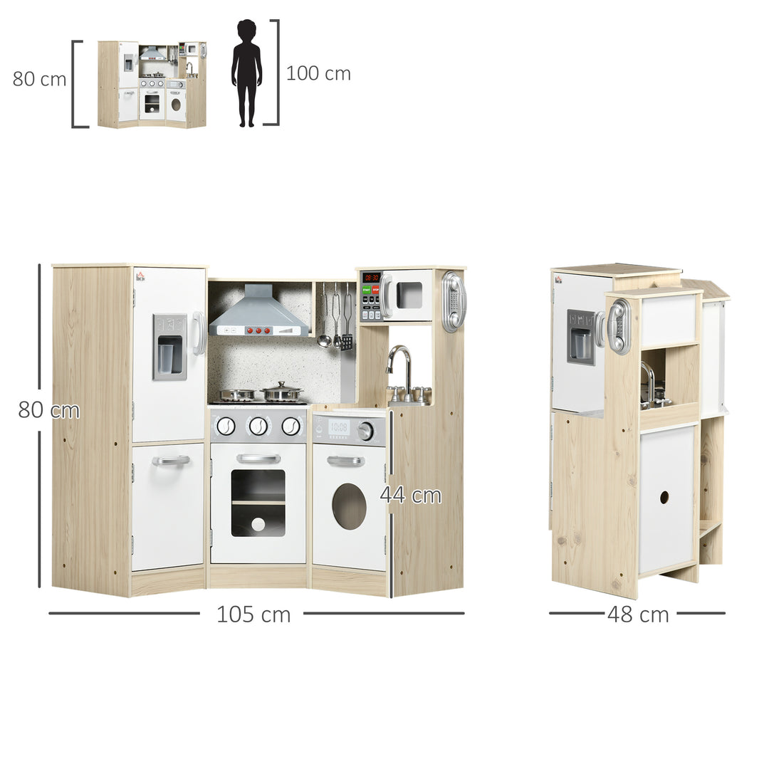 HOMCOM Interactive Wooden Play Kitchen for Children, Pretend Play Set with Sounds, Lights, Phone, Microwave, Fridge, Ice Maker | Aosom UK