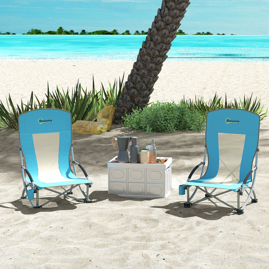 Set of 2 Folding Beach Chair, Low Camping Chair with Mesh Back, Carry Bag and Cup Holder for Garden Outdoor Picnic Festival Travel, Blue