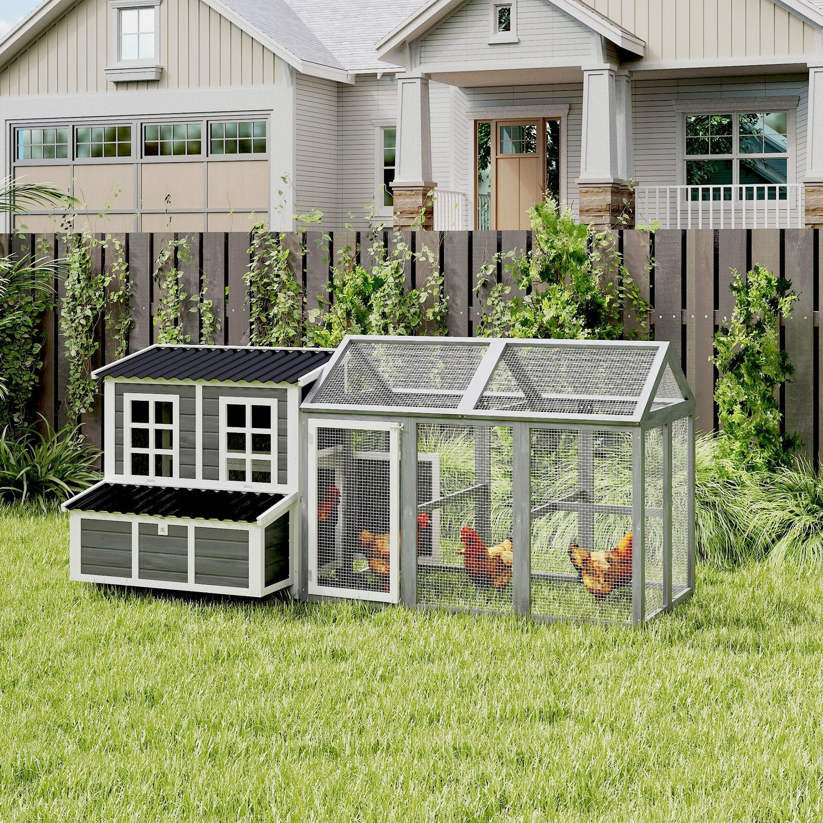 2-Piece Wooden Chicken Coop and Run Set, Poultry Run Cage with Nesting Box, Slide-Out Tray, Roof, Perch