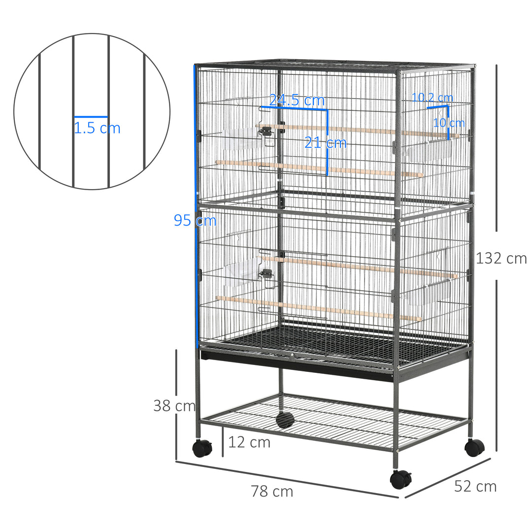 PawHut Large Bird Cage Budgie Cage for Finch Canaries Parakeet w/ Rolling Stand, Slide-out Tray, Shelf, Food Containers, Dark Grey | Aosom UK