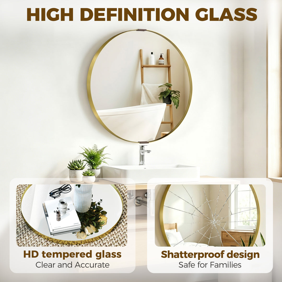 Round Wall Mirror 61 cm, Wall Mounted Bathroom Mirror with Tempered Sa