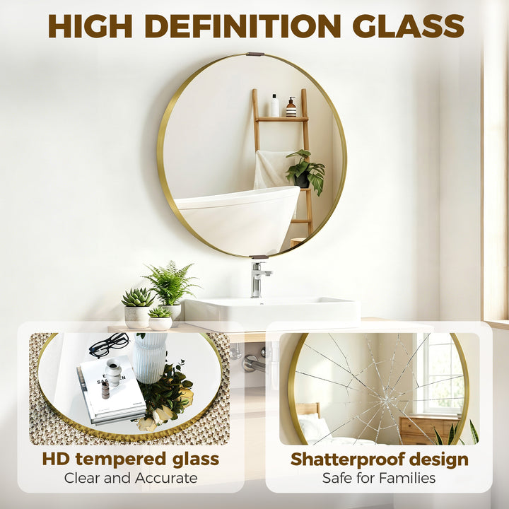 Round Wall Mirror 61 cm, Wall Mounted Bathroom Mirror with Tempered Sa