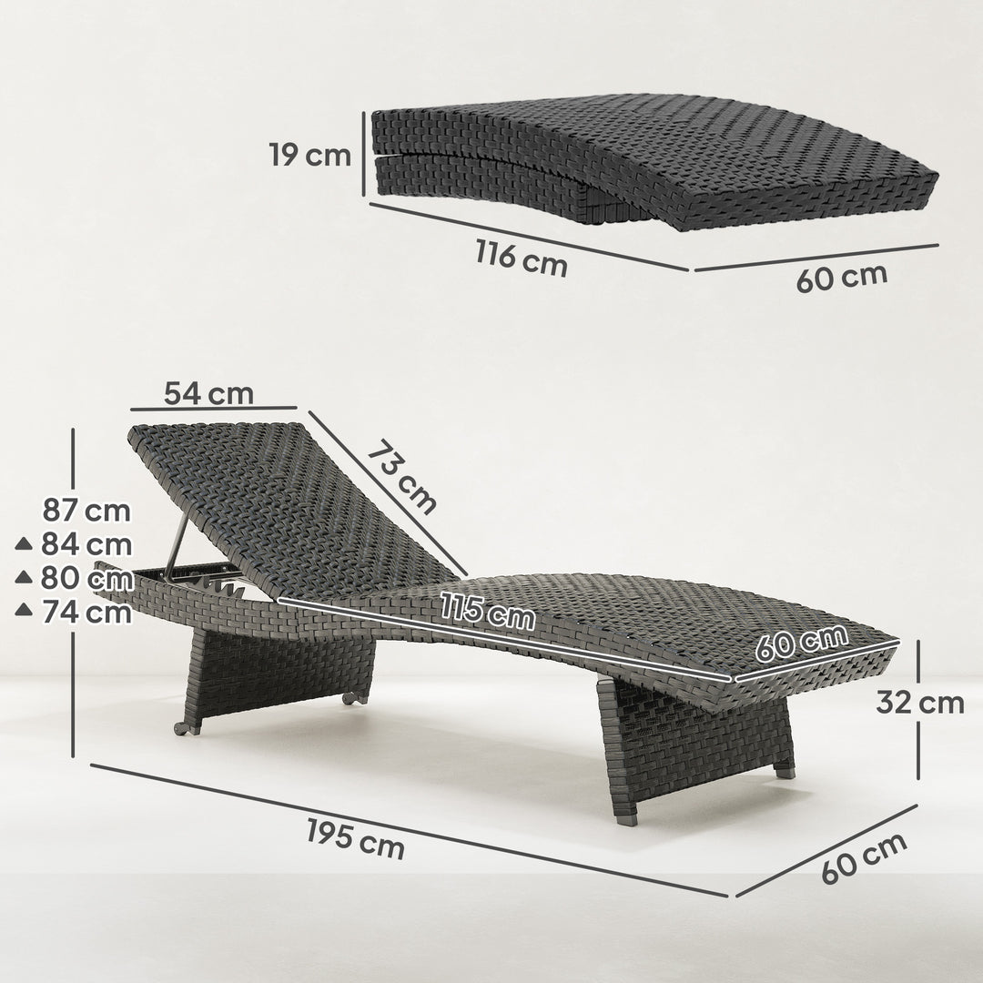 Outdoor PE Rattan Sun Lounger, Folding Wicker Garden Lounger Recliner with 4-Level Adjustable Backrest, Rolling Sunbed Lounge Chair with Wheels, Non-Slip Legs for Balcony, Beach, Black