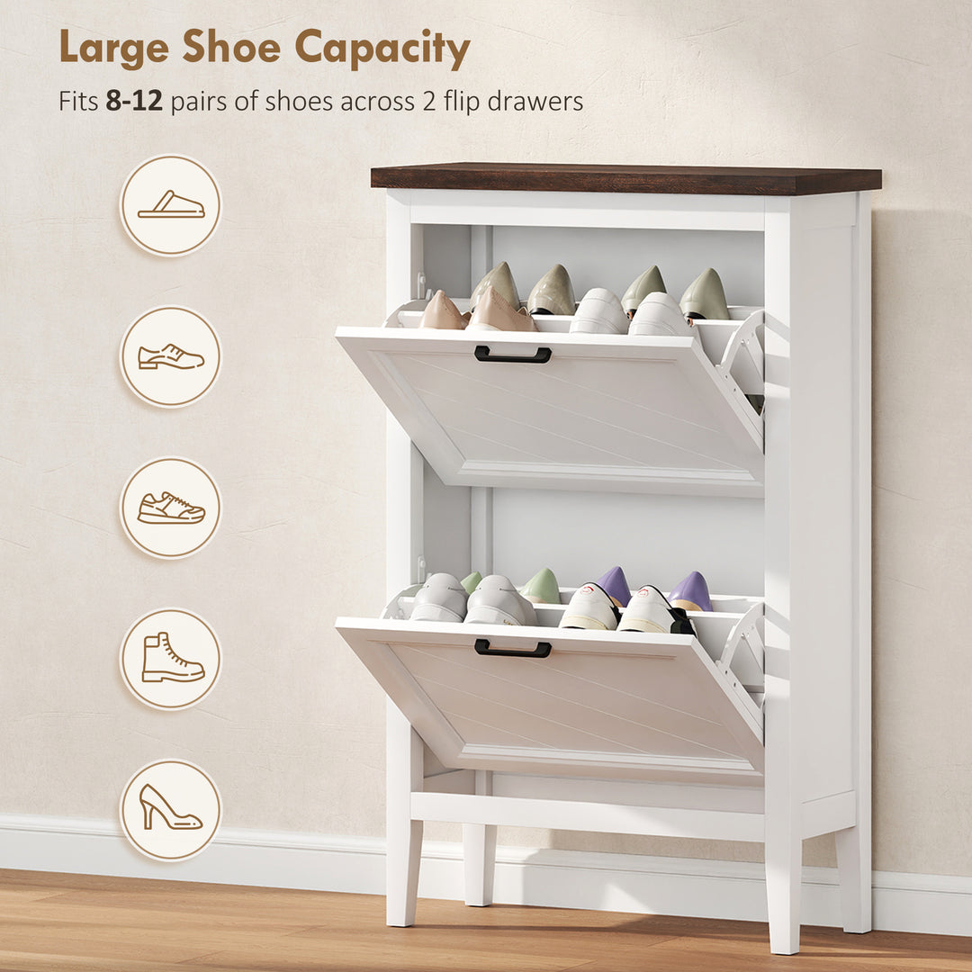 Shoe Cabinet with 2 Flip Drawers, Farmhouse Narrow Shoe Storage Cabine