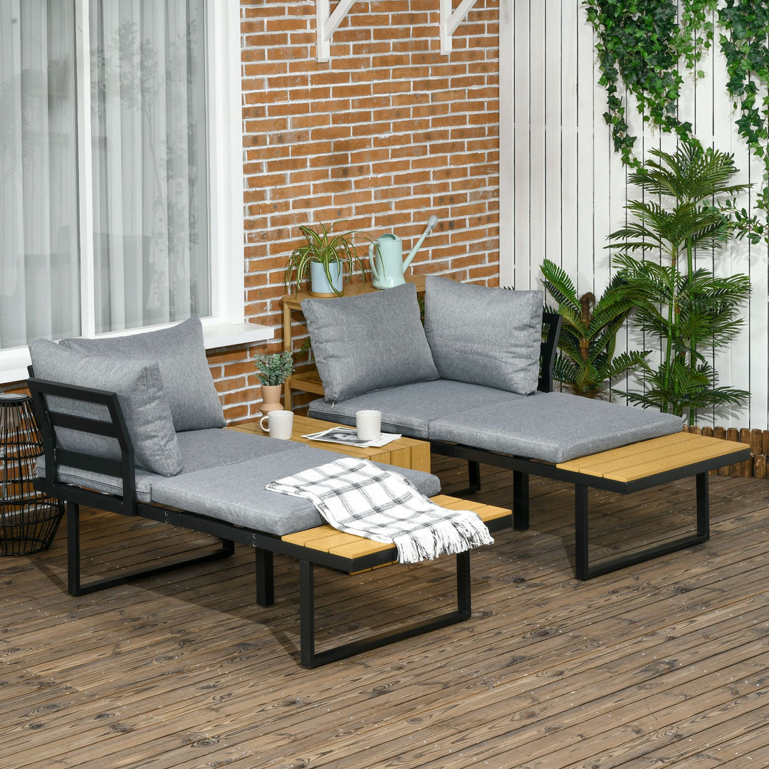 Outsunny 4-Seater Garden Sofa Set Patio Conversation Set w/ Padded Cushions, Wood Grain Plastic Top Table and Side Panel, Dark Grey