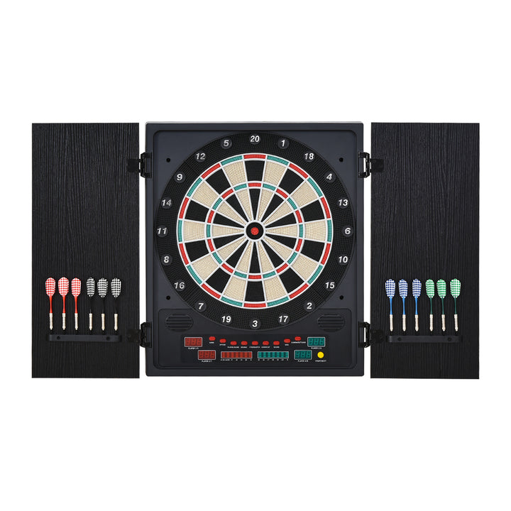 HOMCOM Electronic Dartboard In Case LED Scoreboard w/ 12 Darts 30 Heads Side Storage Cabinet Classic Game Family Fun Game Black White | Aosom UK