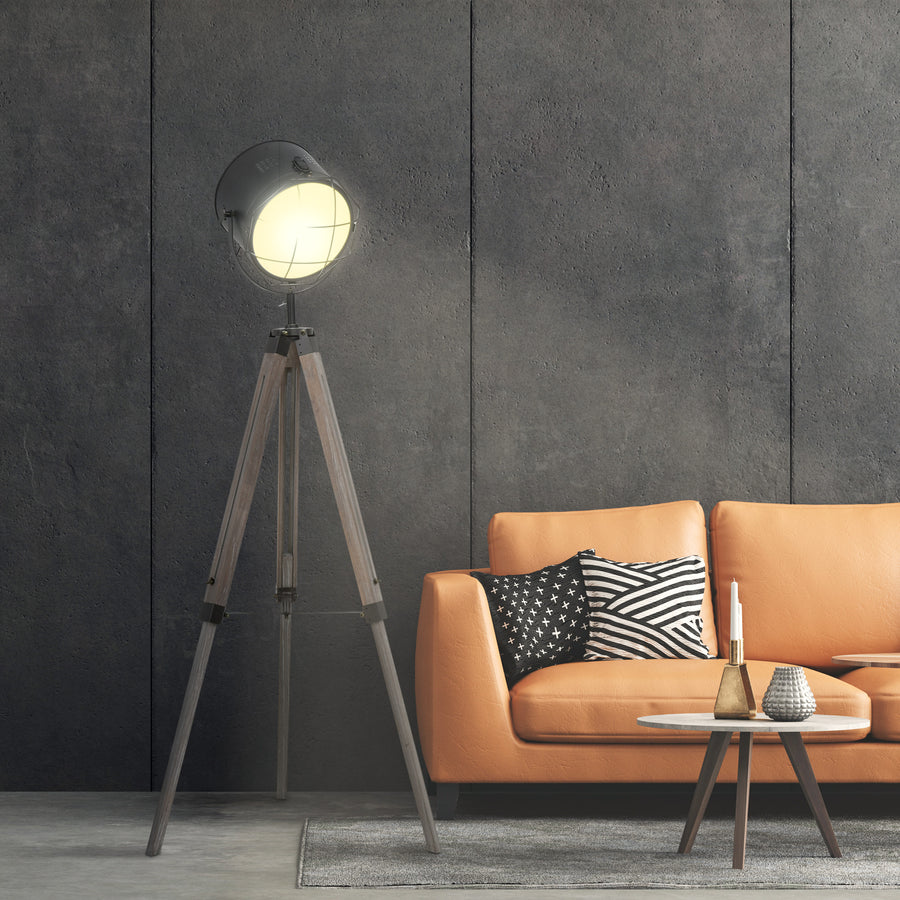 Floor Lamp with Adjustable Tripod for Living Room Bedroom, Vintage Spotlight Reading Lamp with Wood Legs, 115-155cm, Grey
