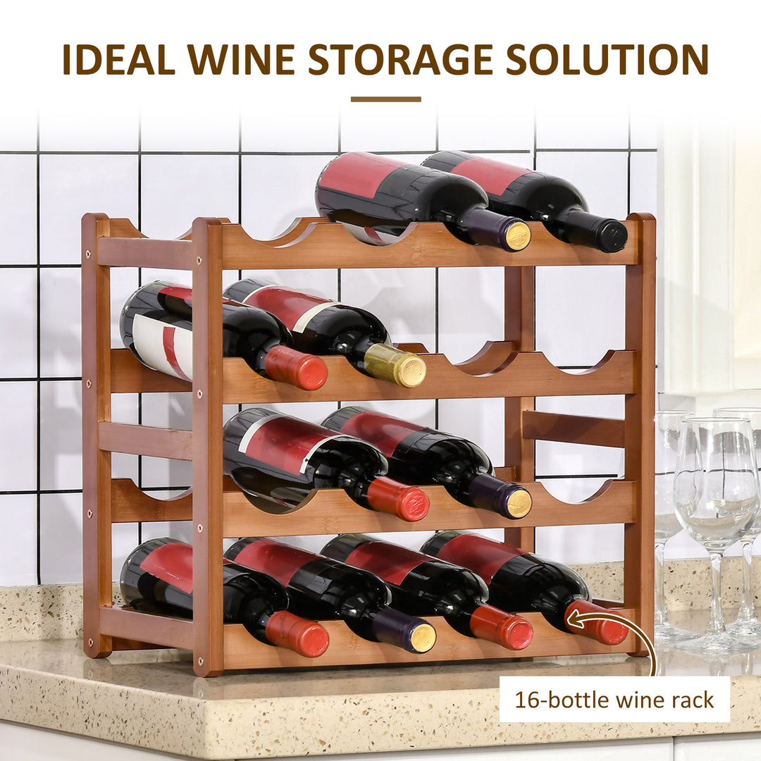 Free Standing Bamboo Wine Rack with 16 Bottles Holder, 4-tier Water Bottle Organiser, Display Shelf for Countertop, Home Bar, Brown
