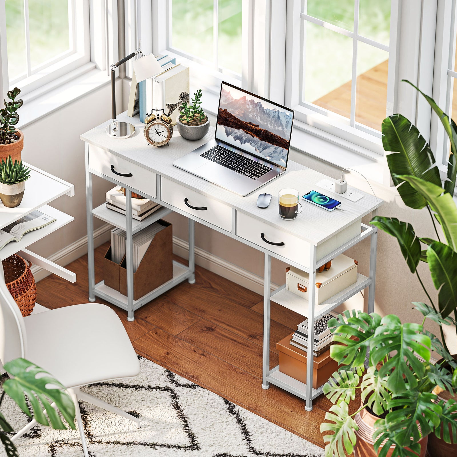 120cm Computer Desk with Power Outlets, Office Desk Study Table with 3 Fabric Drawers and 4 Storage Shelves, White