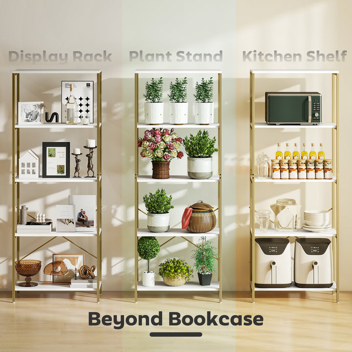 5-Tier Bookshelf, Modern Bookcase with Metal Frame - White and Gold To