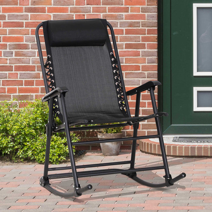 Outsunny Rocking Garden Chair, Foldable Outdoor Rocker with Adjustable Zero-Gravity Seat and Headrest, Ideal for Camping, Fishing, Black | Aosom UK