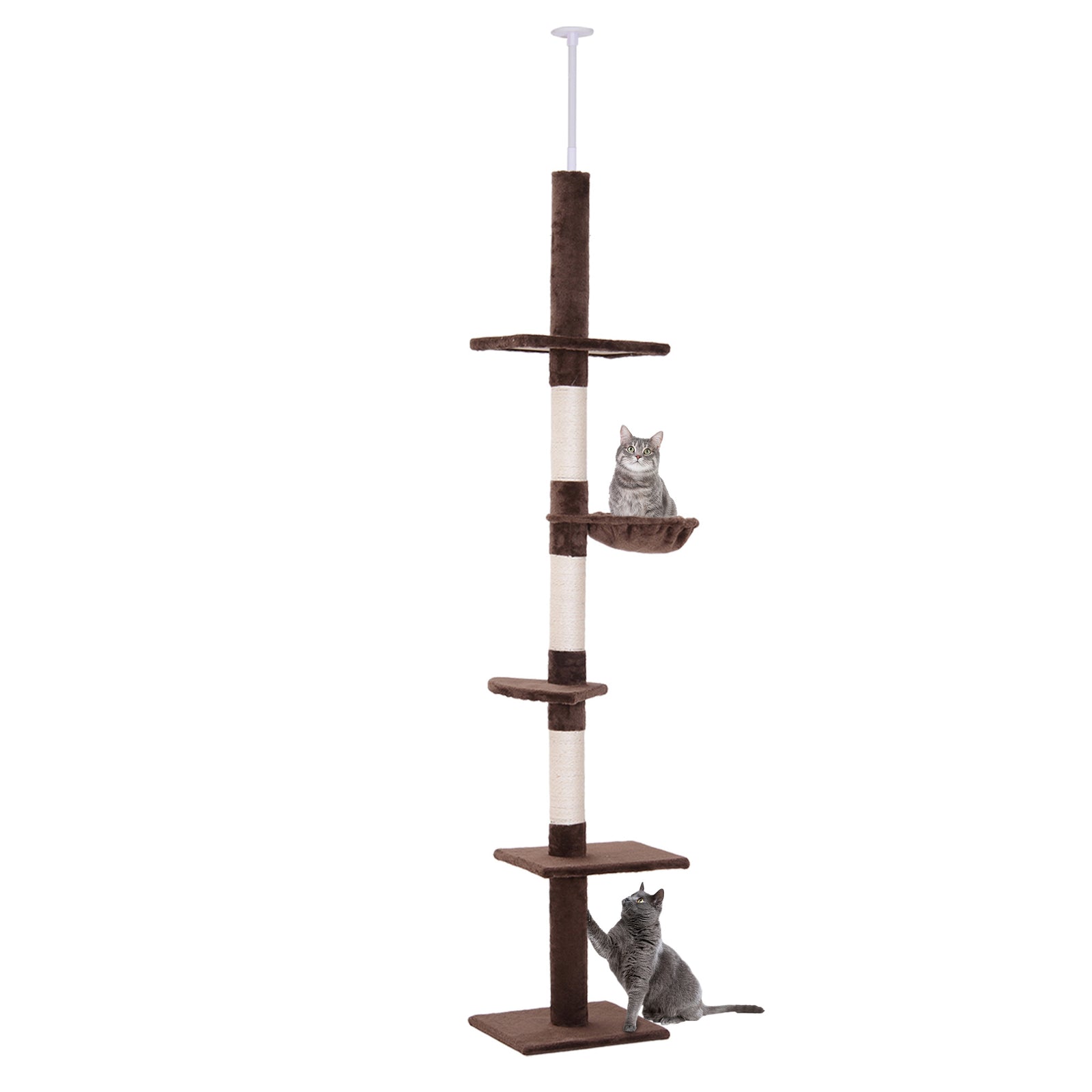 Floor to Ceiling Cat Tree for Indoor Cats 5-Tier Kitty Tower Climbing Activity Center Scratching Post Adjustable Height 230-260 cm Brown
