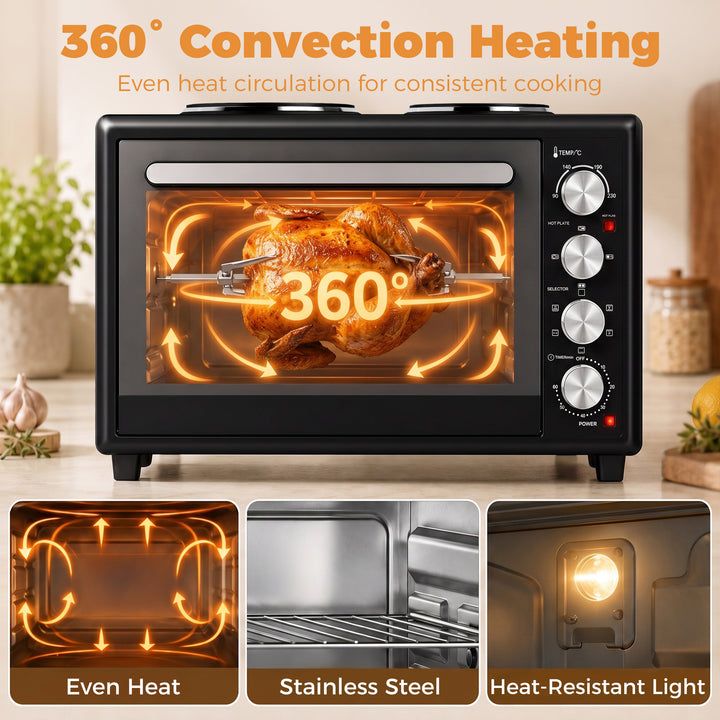 46L Mini Oven with Dual Hot Plates, Electric Countertop Cooker with Co