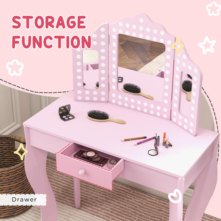 AIYAPLAY Kids Dressing Table Sets with Stool and Tri-Fold Mirror, Drawer for Playroom, Bedroom - Pink | Aosom UK