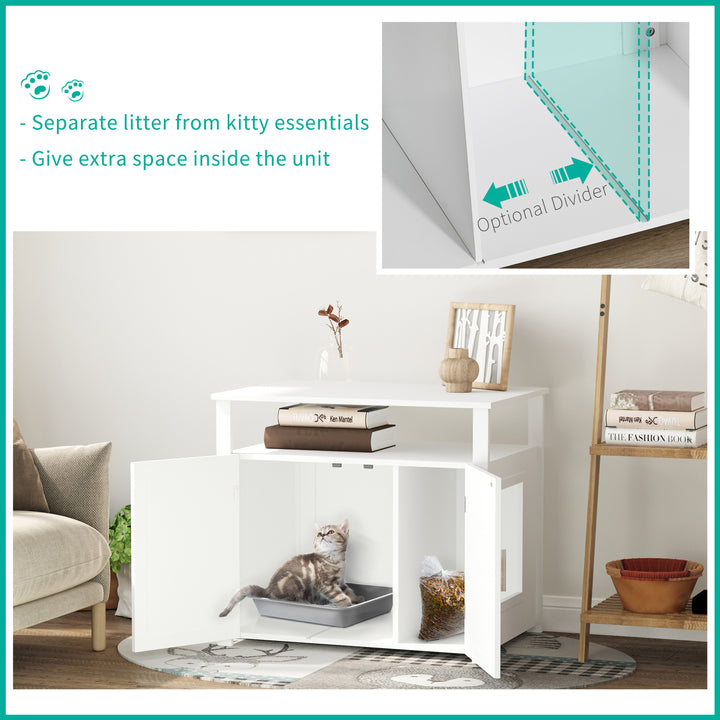 MCL Wooden Cat Litter Box Enclosure Furniture with Adjustable Interior Wall & Large Tabletop for Nightstand, White