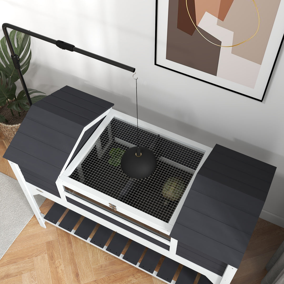 Wooden Tortoise Enclosure w/ Adjustable Lamp Holder, Openable Lid, Dual Main Houses, Storage Shelf, Fixed Tray - Grey