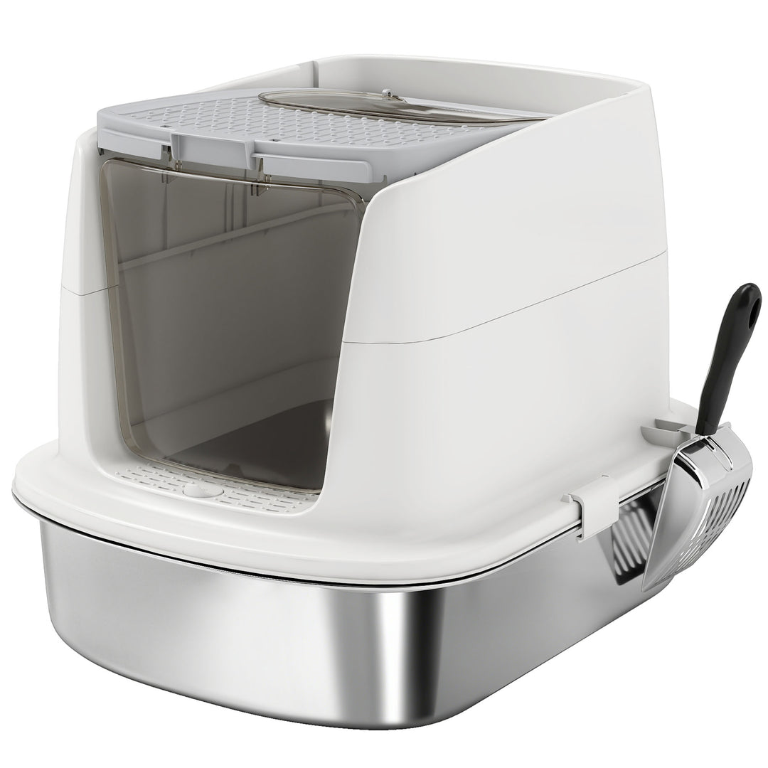 Large Stainless Steel Litter Box, Enclosed Metal Cat Litter Tray with Scoop, Deodoriser Bag, Front-Entry and Top-Exit