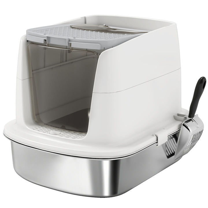 Large Stainless Steel Litter Box, Enclosed Metal Cat Litter Tray with Scoop, Deodoriser Bag, Front-Entry and Top-Exit