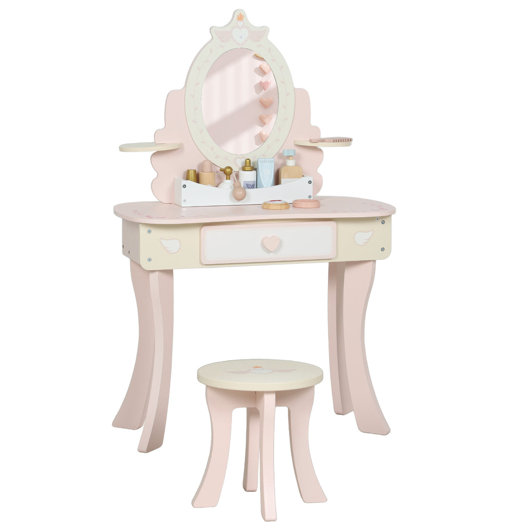 MCL Kids Dressing Table, Girls Vanity Set with Mirror and Stool, 7 Play Accessories, Drawer, Desktop Storage, Pink
