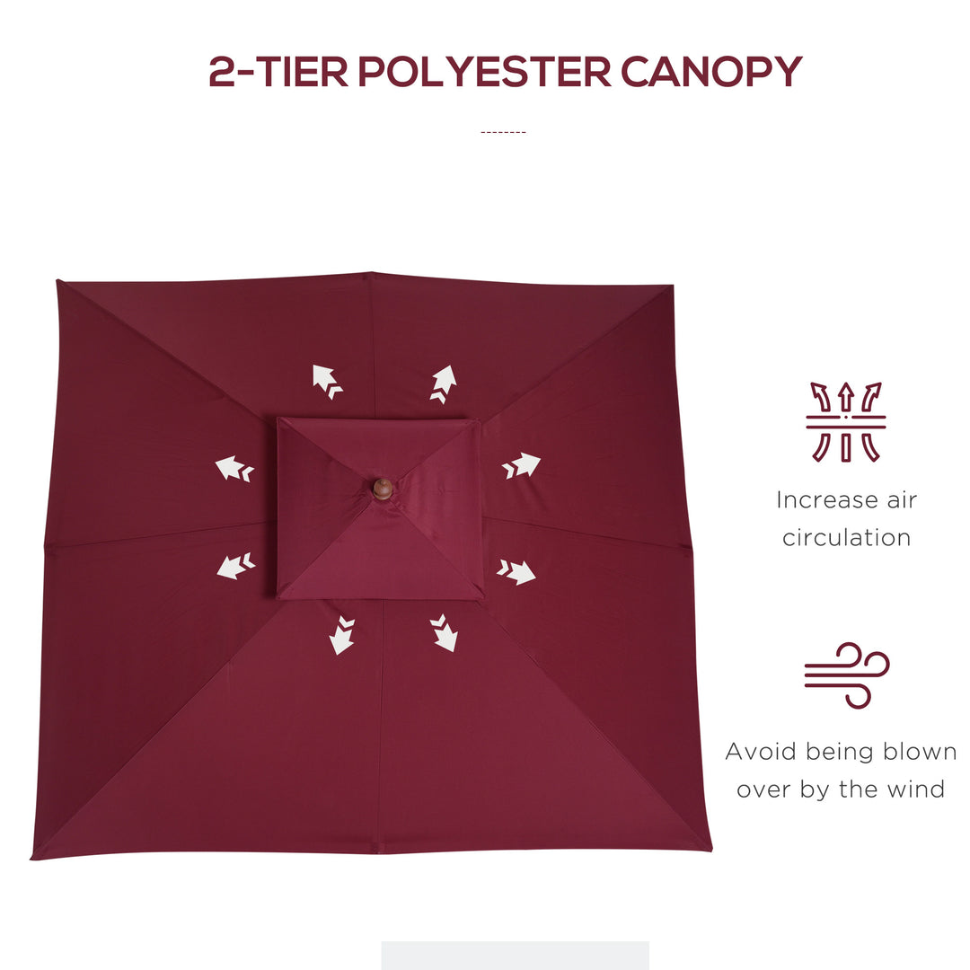 3 x 3(M) Garden Parasol Umbrella Sunshade, Outdoor Wooden Parasol with Double Tier Canopy, Wine Red