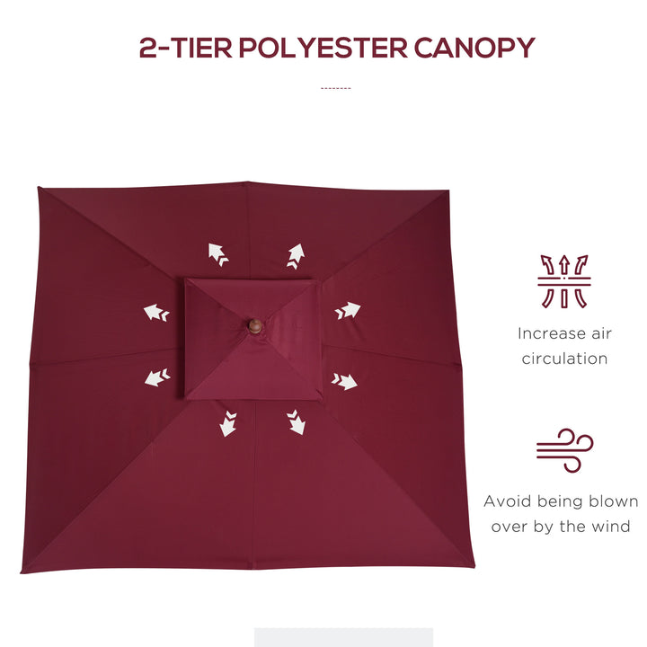 3 x 3(M) Garden Parasol Umbrella Sunshade, Outdoor Wooden Parasol with Double Tier Canopy, Wine Red