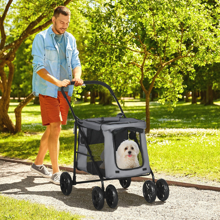 Dog Pram Dog Stroller 4 Wheels Pet Pushchair with Rolling Door, Cushion, Safety Leashes, for Small and Medium Dogs