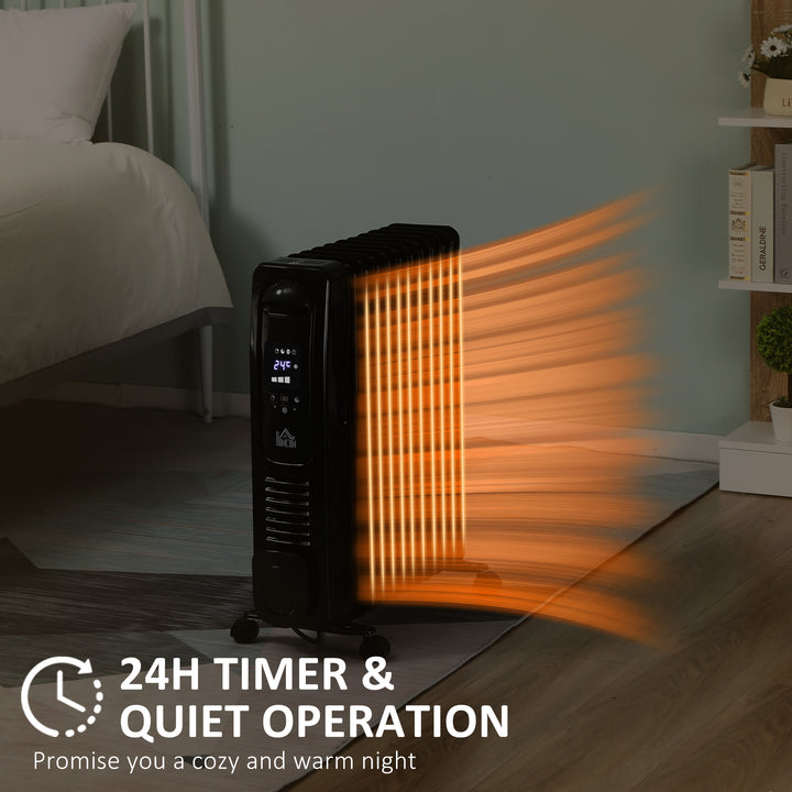 2500W Digital Display Oil Filled Radiator, 11 Fin Portable Electric Heater with Timer, Adjustable Thermostat, Three Heat settings, Safety Cut Off, Remote, Black