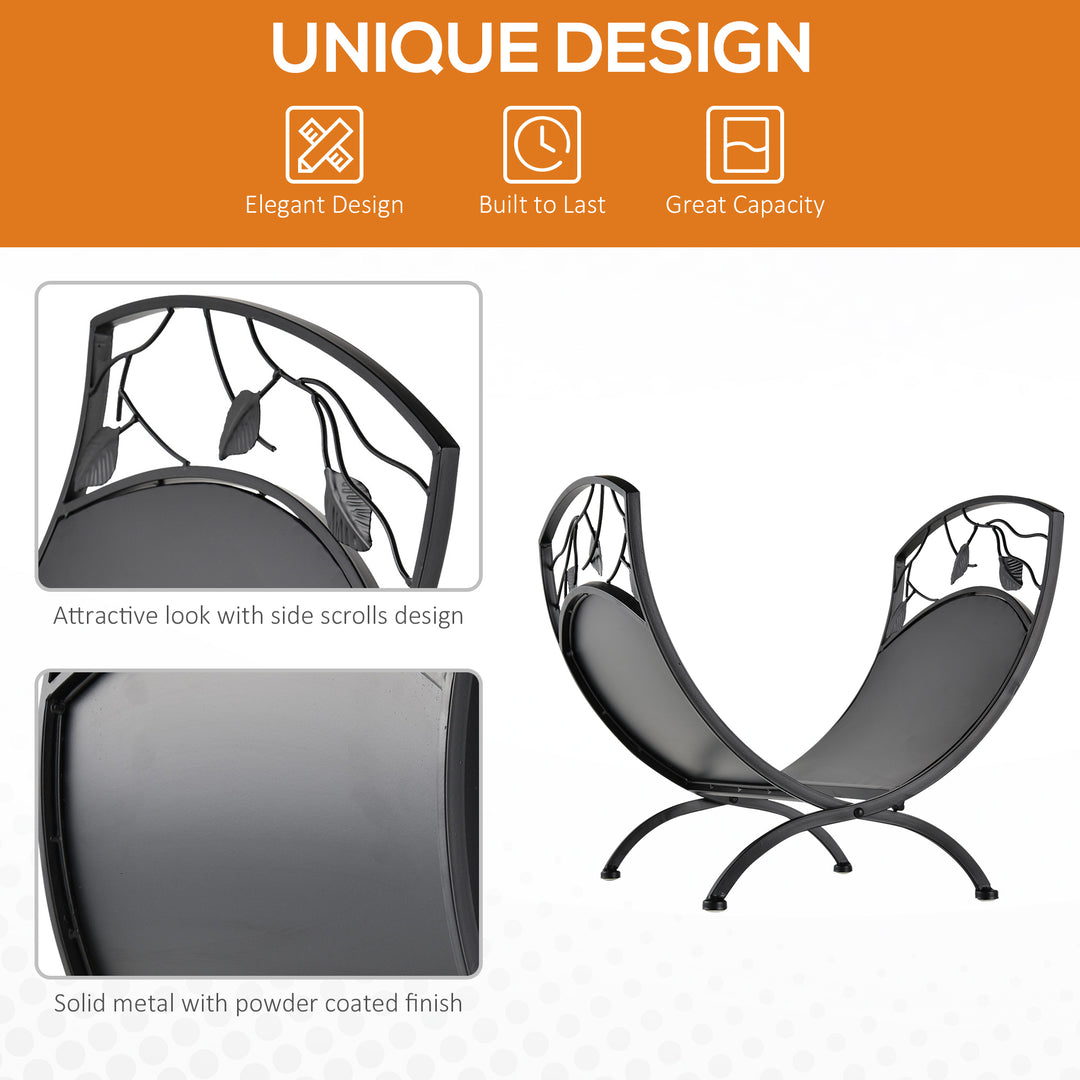 MCL Metal Arced Firewood Log Holder Indoor Outdoor Folding Firewood Rack Fireplace Wood Storage Shelf w/ Leaf Pattern Design, Black, 43.5W x 36.5D x 41H cm