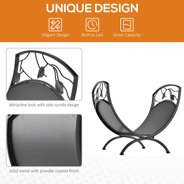 MCL Metal Arced Firewood Log Holder Indoor Outdoor Folding Firewood Rack Fireplace Wood Storage Shelf w/ Leaf Pattern Design, Black, 43.5W x 36.5D x 41H cm