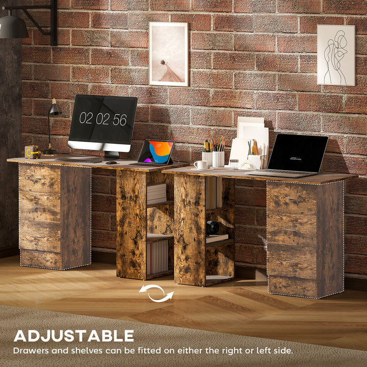 Computer Desk, Writing Table, PC Workstation with 3 Storage Shelves and Drawers, Silver Handle, for Home Office, Rustic Brown