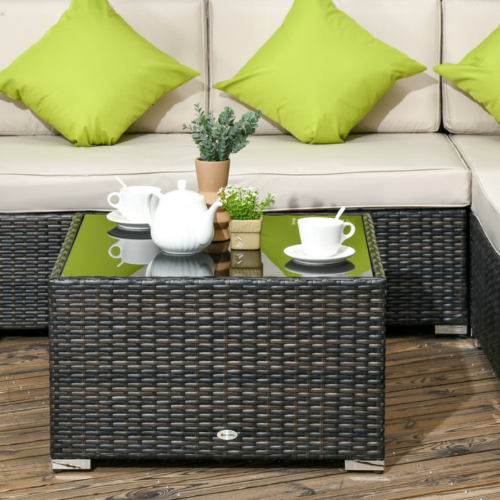 7-Seater PE Rattan Corner Sofa Set, Garden Furniture Set, Patio Wicker Sofa Seater w/ Cushion, Washable Cushion Cover & Tempered Glass Table, Brown
