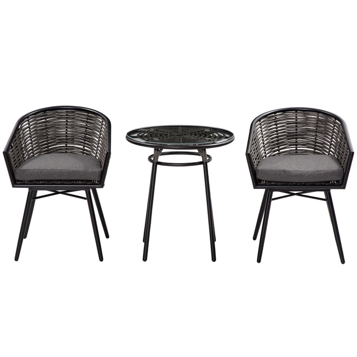 Outsunny 3 Pieces PE Rattan Bristo Set, Round Wicker Patio Table and Chairs, Glass Top Coffee Table with Removable Cover, Grey | Aosom UK