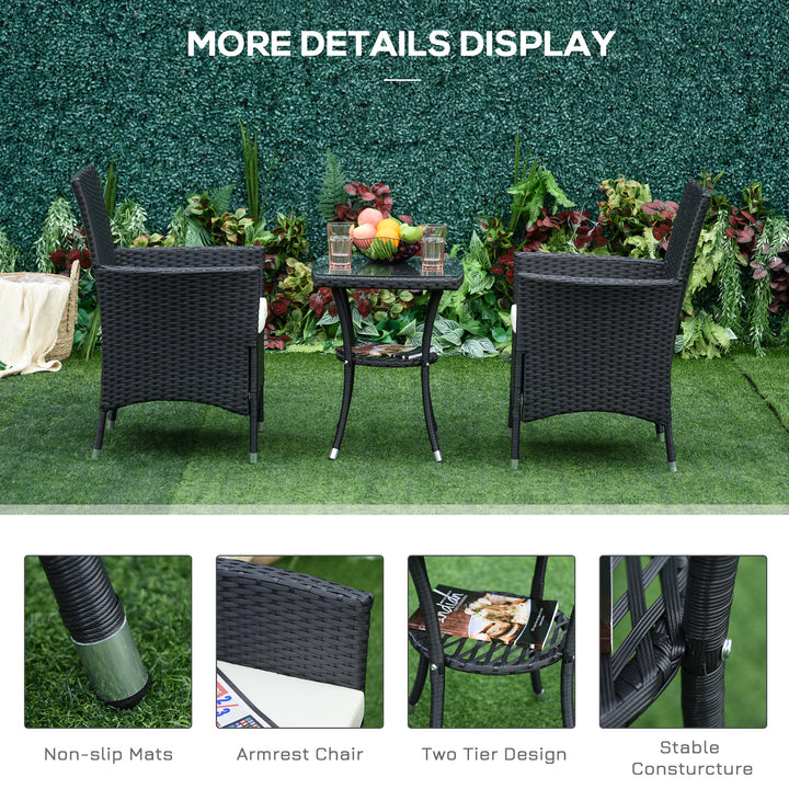 3 Pieces Rattan Bistro Set, Wicker Garden Furniture Set with 2-Tier Coffee Table and Chairs, Cushions, for Outdoor Patio Balcony, Black