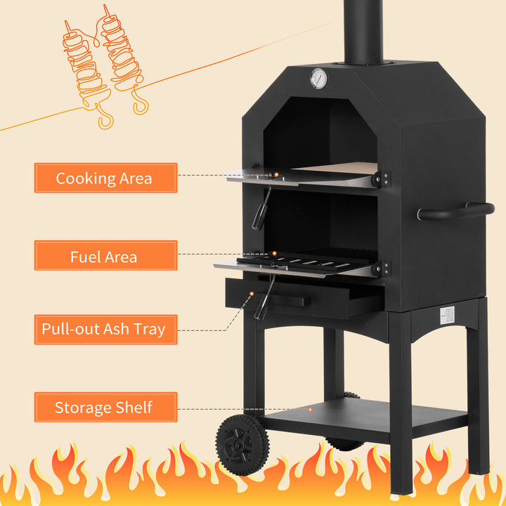 Outdoor Garden Pizza Oven Charcoal BBQ Grill 3-Tier Freestanding w/ Chimney, Mesh Shelf, Thermometer Handles, Wheels Garden Party Gathering Stainless Steel Cooker