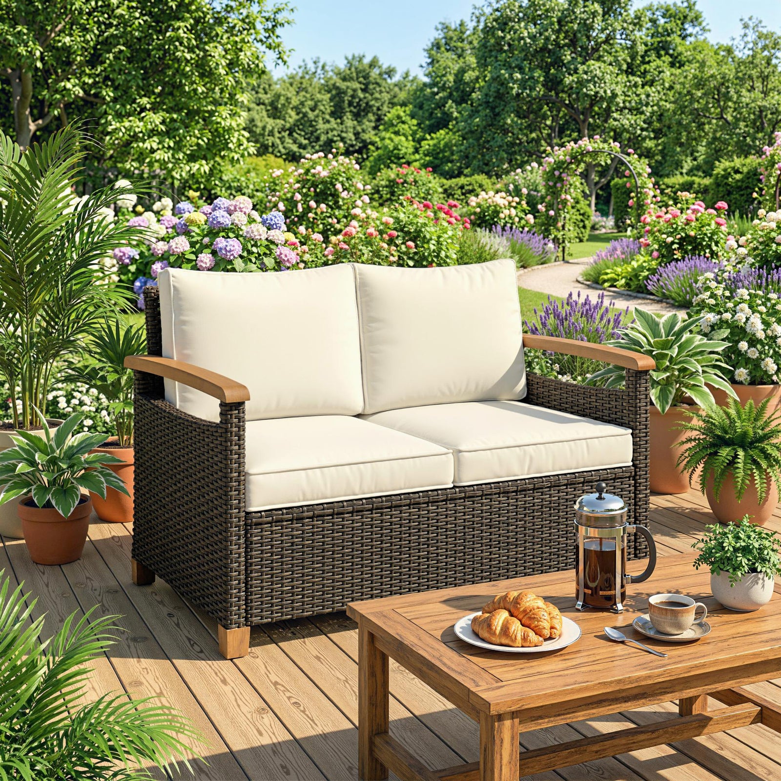 2 Seater Rattan Garden Sofa, Outdoor Sofa with Thickened Cushions and 
