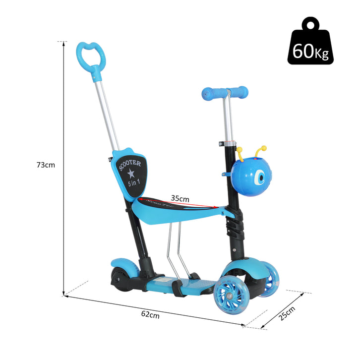 HOMCOM 5-in-1 Kids Toddler 3 Wheels Mini Kick Scooter Push Walker with Removable Seat & Back Rest for Girls and Boys Blue