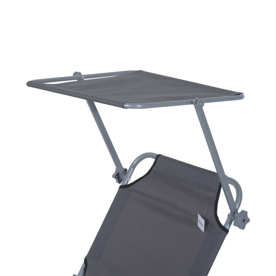 Outdoor Foldable Sun Lounger, 4 Level Adjustable Backrest Reclining Sun Lounger Chair with Angle Adjust Sun Shade Awning for Beach, Garden, Patio, Grey