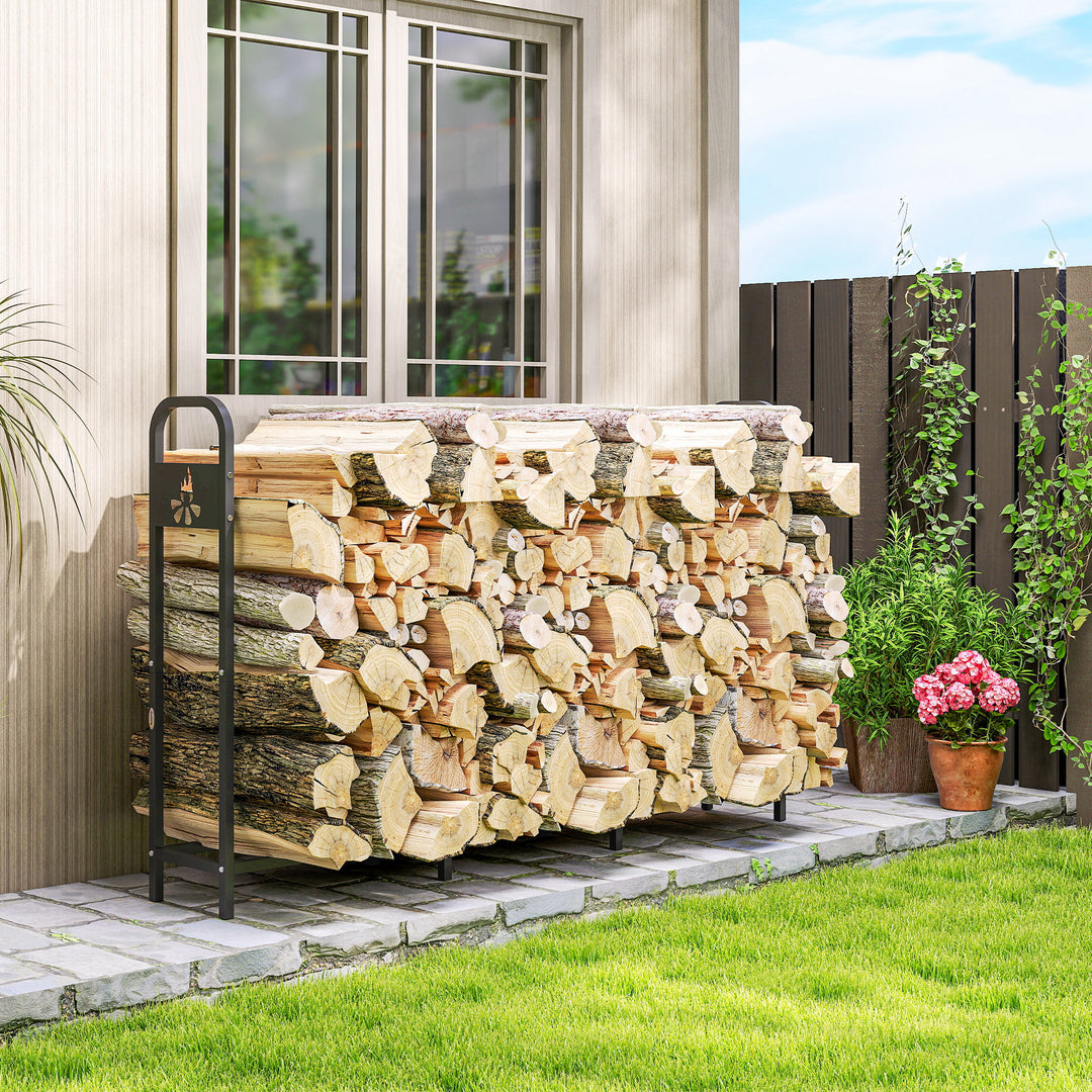 MCL 6.5 FT Steel Firewood Log Rack with 300 kg Capacity, Heavy Duty Indoor Outdoor Fireplace Wood Storage Shelf, Log Holder/Stand with Extra Support Legs, Decorative Bonfire Pattern, Black