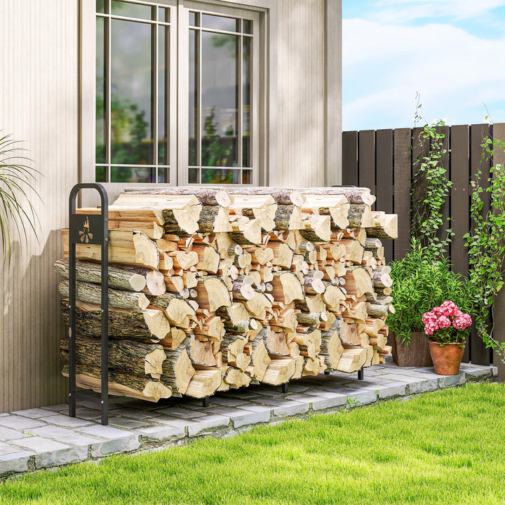 MCL 6.5 FT Steel Firewood Log Rack with 300 kg Capacity, Heavy Duty Indoor Outdoor Fireplace Wood Storage Shelf, Log Holder/Stand with Extra Support Legs, Decorative Bonfire Pattern, Black