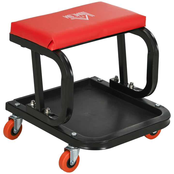 Workshop Stool, Rolling Machine Stool with 360° Swivel, Padded Seat, Tool Tray, Red