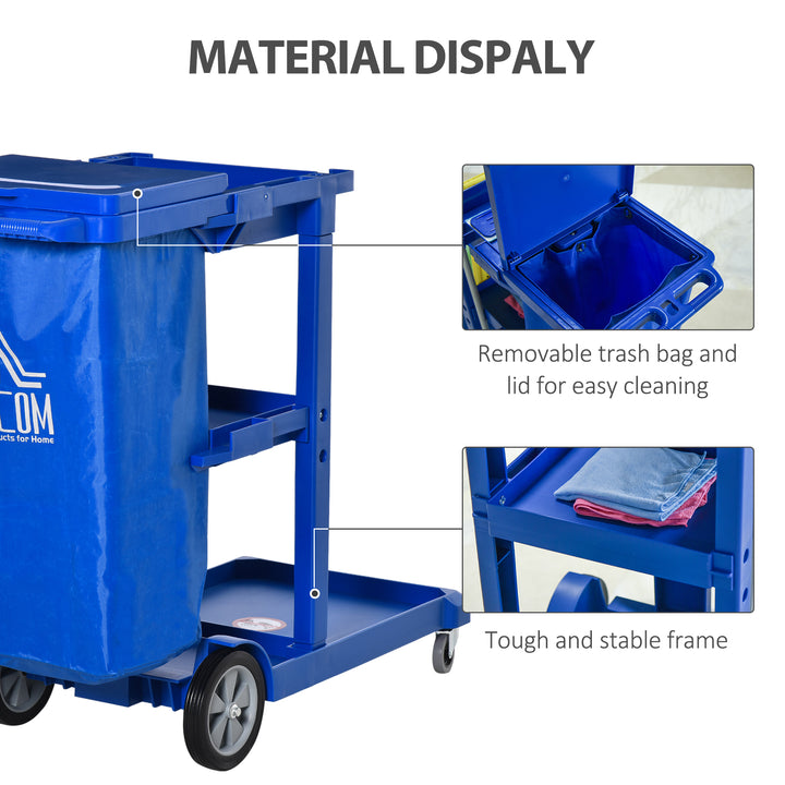 MCL Janitor Cleaning Trolley, with Bin, Shelves and Hooks - Blue