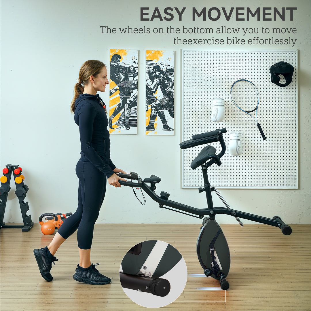 SPORTNOW Five-in-one Foldable Exercise Bike, Stationary Bike with Arm Workout Bands, LDC Monitor, Phone Holder, Black