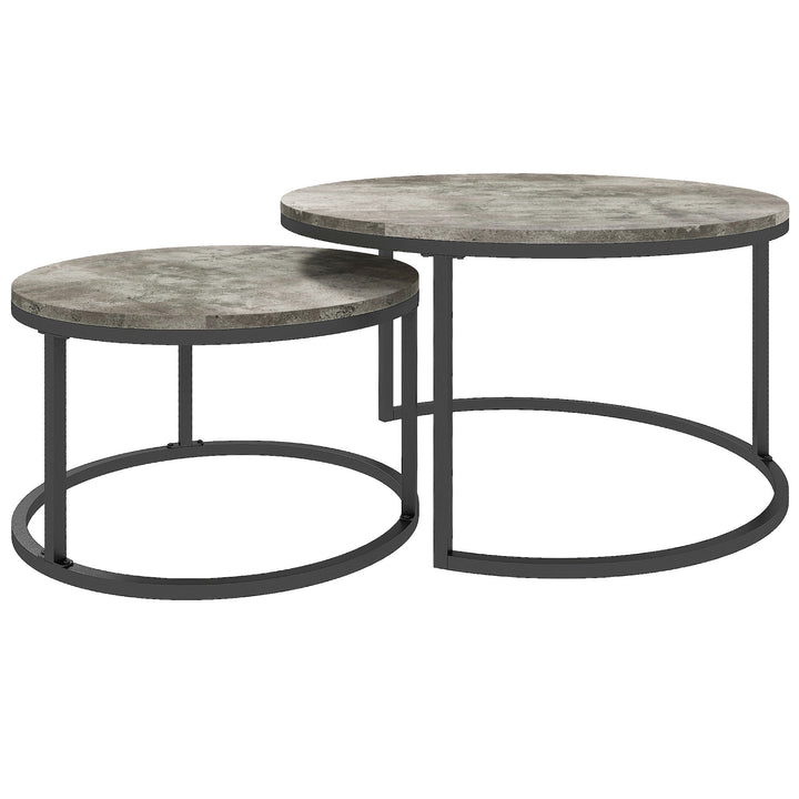 HOMCOM Industrial Nesting Coffee Table Set of 2, Round Coffee Tables, Living Room Table with Faux Cement Top and Steel Frame | Aosom UK