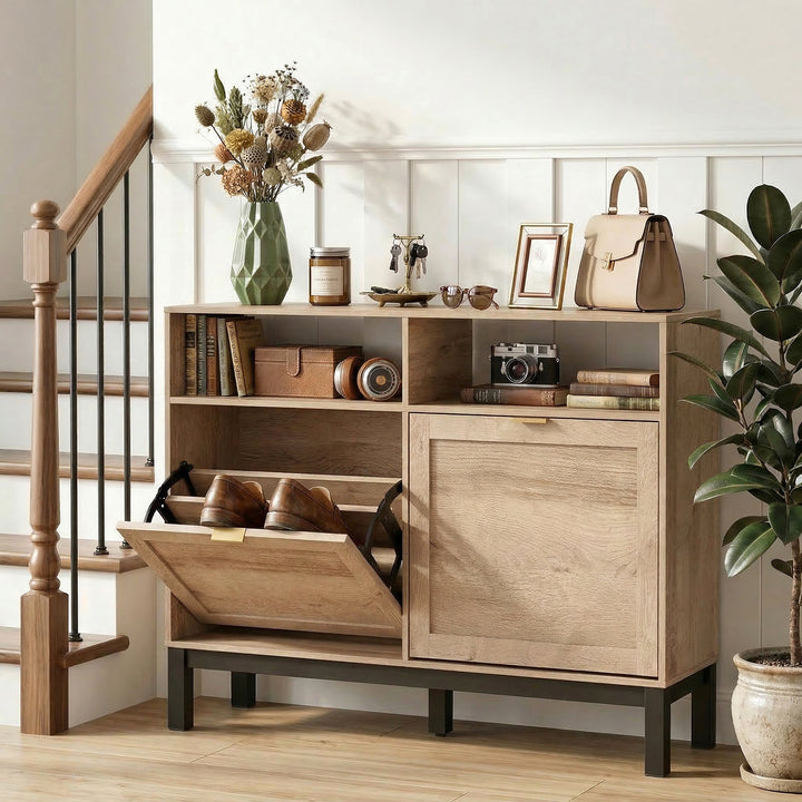 Shoe Cabinet with 2 Flip Drawers, Narrow Shoe Storage Top for Entryway