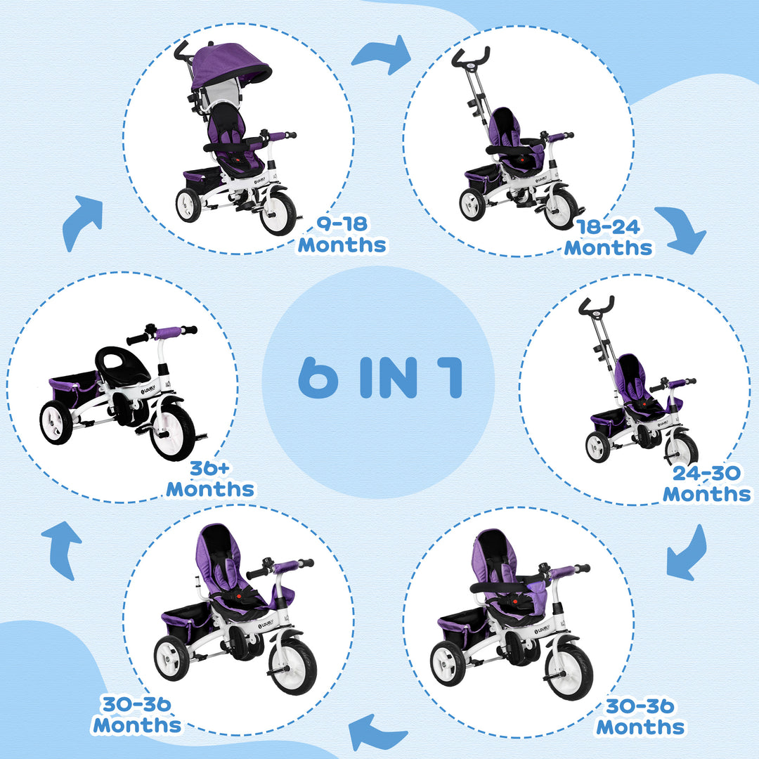 6 in 1 Kids Trike Push Bike w/ Push Handle, Canopy, 5-point Safety Belt, Storage, Footrest, Brake, for 1-5 Years, Purple