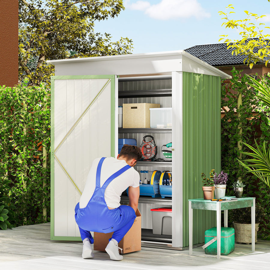 Metal Garden Shed, Outdoor Lean-to Shed for Tool Motor Bike, with Adjustable Shelf, Lock, Gloves, 5'x3'x6', Green
