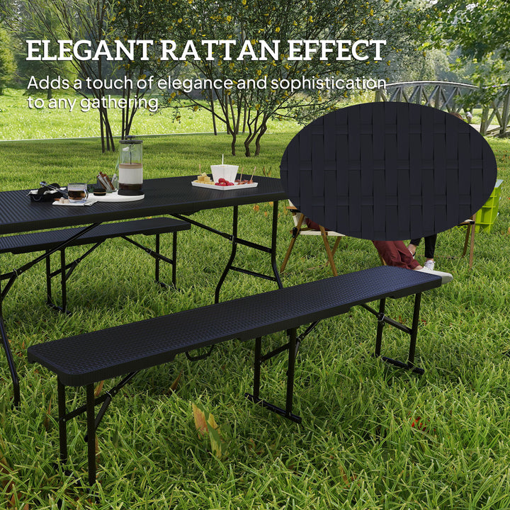 Folding Picnic Table and Bench Set, Rattan Effect Portable Camping Table and Chairs with Carrying Handles for Indoor Outdoor, Dining, Camping, Picnic, BBQ, Party, Black