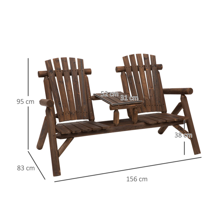 Outsunny Wood Patio Chair Bench 2 Seats with Center Coffee Table, Garden Loveseat Bench Backyard, Perfect for Lounging Relaxing Outdoors, Carbonized