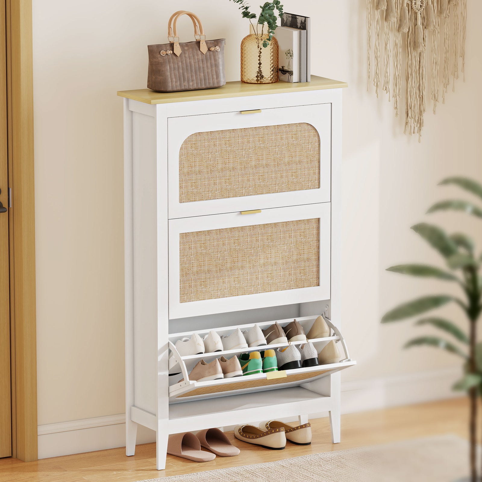 Narrow Shoe Cabinet, Boho Slim Shoe Storage Cabinet with 3 Flip Drawer
